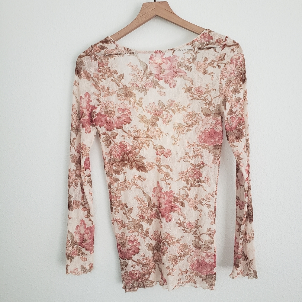 Y2K Denim and Supply Ralph Lauren Lace and Mesh Floral Long Sleeve Top Size M - Picture 6 of 8